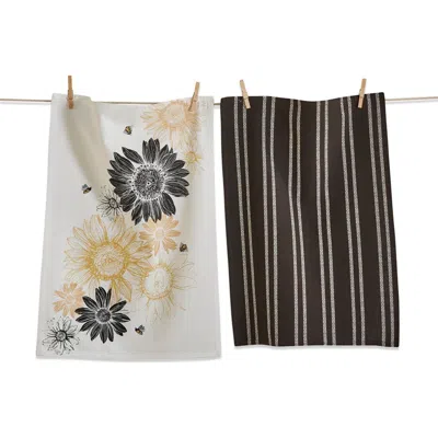 Tag Set Of 2 Black And Yellow Sunflower Print With Coordinating Black Stripe Cotton   Kitchen Dishto In Brown