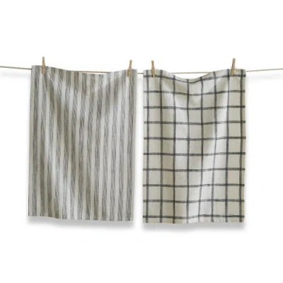 Tag Set Of 2 Black Check & Stripe On Beige Background Cotton Kitchen Dishtowels 26l X 18w In. In Multi