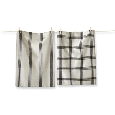 Tag Set Of 2 Black Stone Wide Stripe And Check On Beige Background Cotton   Kitchen Dishtowels 26l X In Multi