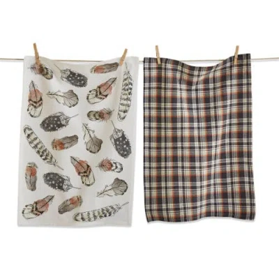 Tag Set Of 2 Floating On The Wind Feather Print  With Coordinating Plaid Cotton Kitchen Dishtowels 2 In Multi