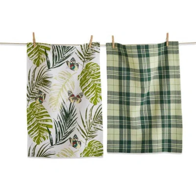 Tag Set Of 2 Palm And Butterfly Print With Coordinating Green And Black Stripe Cotton Kitchen Dishto In Multi