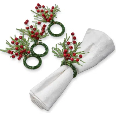 Tag Sprig Napkin Ring Set Of 4 Green Christmas Table Decor In White