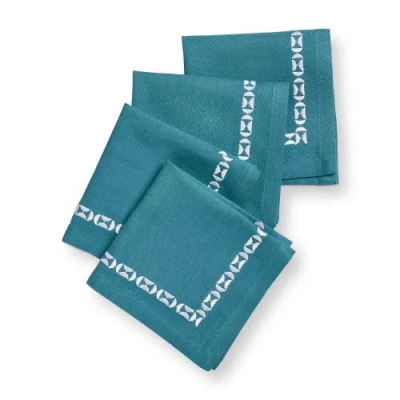 Tag Teal Embroidered Cotton Cocktail Napkins Set Of 4 10x10 In Blue