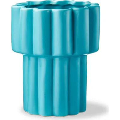 Tag Teal Scallop Tall Stoneware Planter With Silicone Plug 6.46x6.46x7.87 In Blue