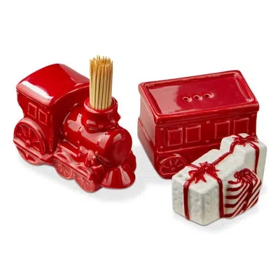 Tag Train Toothpick Holder And Salt And Pepper Set Red Ceramic Christmas