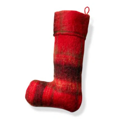Tag Wooly Plaid Holiday Stocking Red Multi Christmas Decor