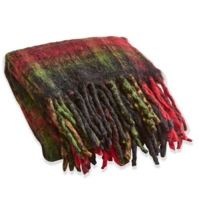 Tag Wooly Plaid Throw Blanket With Fringe Red Multi Christmas Decor