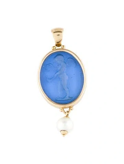 Pre-owned Tagliamonte 14k Pearl & Glass Intaglio Pendant In Blue