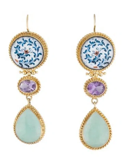 Pre-owned Tagliamonte Ceramic, Dyed Quartzite & Amethyst Drop Earrings In Multi