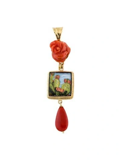 Pre-owned Tagliamonte Coral & Ceramic Maiolica Tile Pendant, 3.25" In Multi