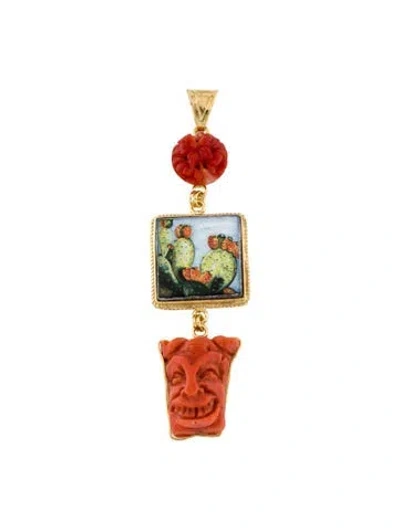 Pre-owned Tagliamonte Coral & Ceramic Maiolica Tile Pendant In Multi