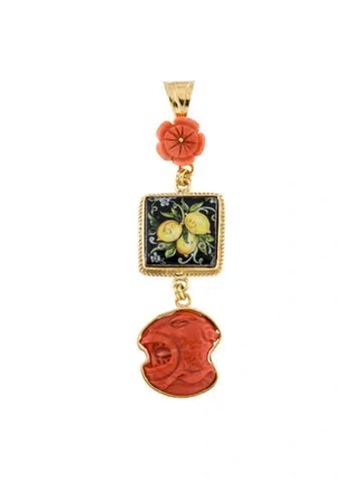 Pre-owned Tagliamonte Coral & Ceramic Maiolica Tile Pendant In Multi
