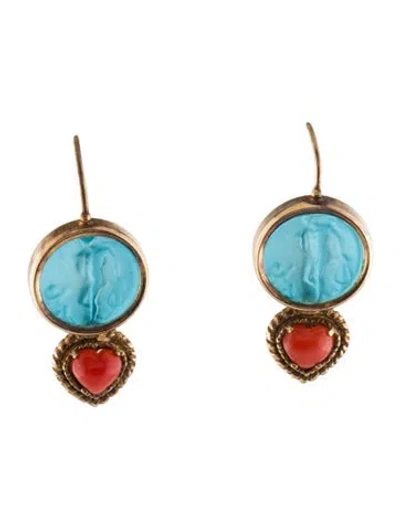 Pre-owned Tagliamonte Coral & Venetian Intaglio Drop Earrings In Blue