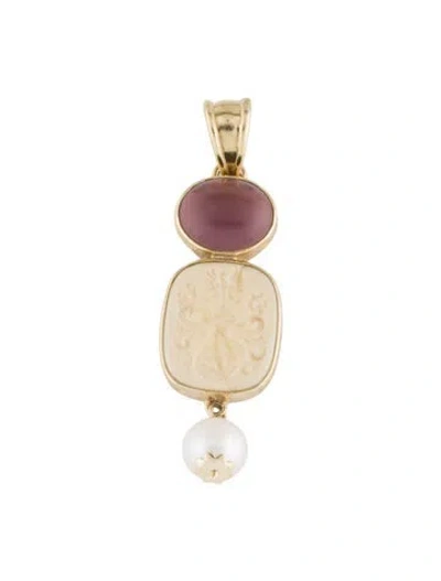 Pre-owned Tagliamonte Dyed Pearl & Glass Cameo Pendant, 2" In Multi