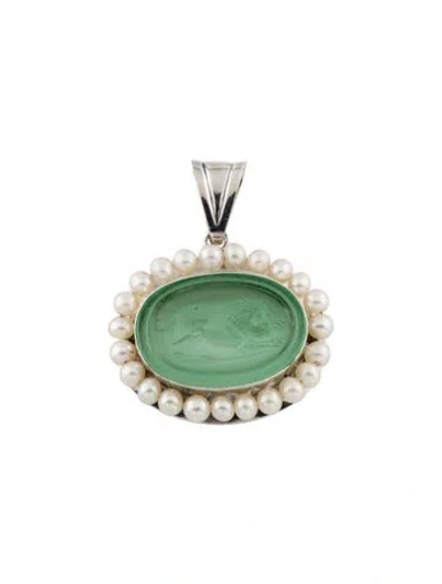 Pre-owned Tagliamonte Dyed Pearl & Lion Venetian Glass Cameo Pendant, 1.5" In Multi
