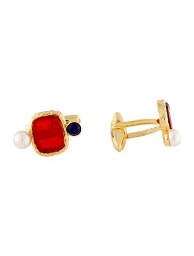 Pre-owned Tagliamonte Dyed Pearl, Lapis Lazuli & Glass Cross Cufflinks In Red