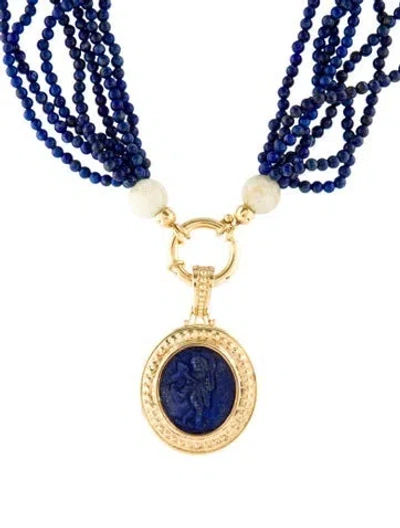Pre-owned Tagliamonte Lapis Lazuli & Beryl Cameo Pendant Multistrand Necklace, 20"