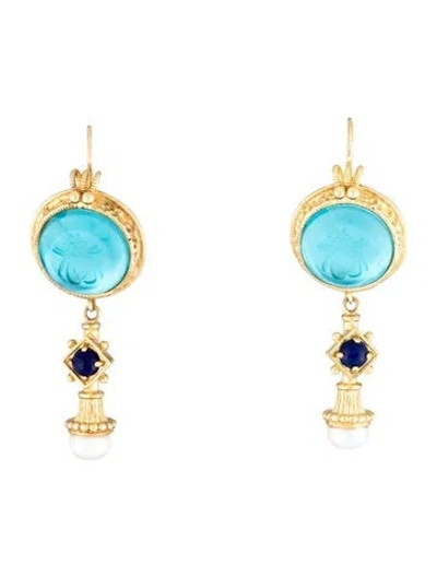 Pre-owned Tagliamonte Mother Of Pearl, Pearl, Venetian Cameo & Lapis Lazuli Drop Earrings In Blue