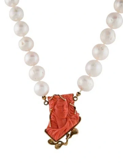 Pre-owned Tagliamonte Pearl & Coral Cameo Pendant Necklace, 23" In Orange