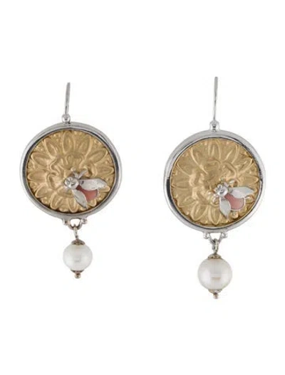Pre-owned Tagliamonte Pearl & Coral Flower Bug Drop Earrings In Multi