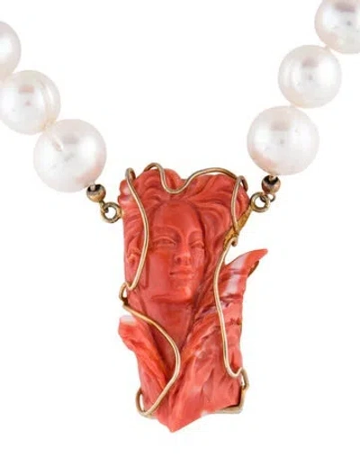 Pre-owned Tagliamonte Pearl & Coral Pendant Necklace, 20" In Multi