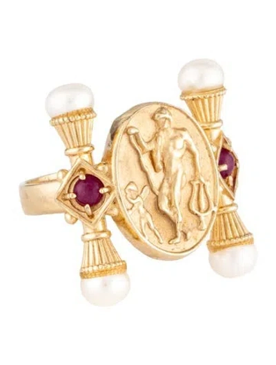 Pre-owned Tagliamonte Pearl & Glass Filled Ruby Cameo Cocktail Ring In Multi