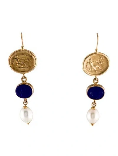 Pre-owned Tagliamonte Pearl & Glass Intaglio Drop Earrings In Blue