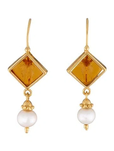 Pre-owned Tagliamonte Pearl & Glass Venetian Cameo Drop Earrings In Orange
