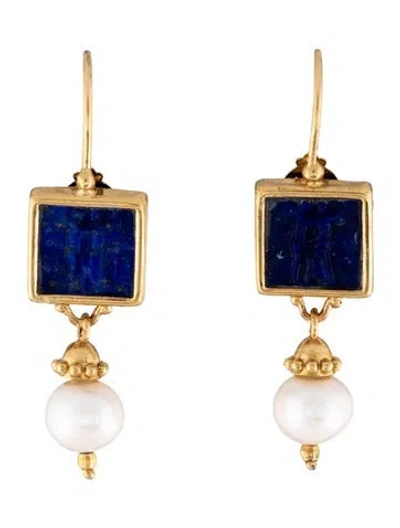 Pre-owned Tagliamonte Pearl & Lapis Lazuli Cameo Drop Earrings In Multi