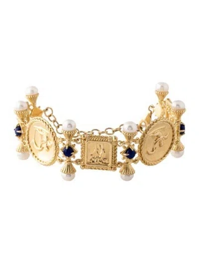Pre-owned Tagliamonte Pearl & Lapis Lazuli Cameo Link Bracelet, 8.75" In Multi