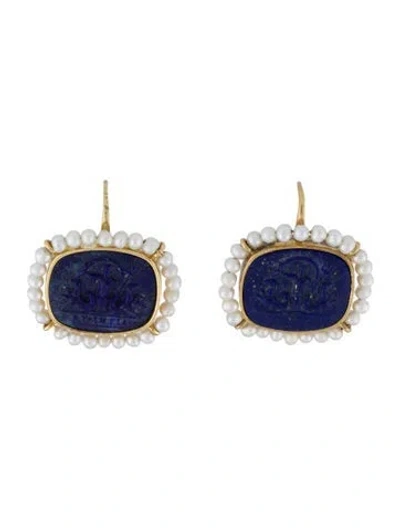 Pre-owned Tagliamonte Pearl & Lapis Lazuli Neptune Cameo Drop Earrings In Multi