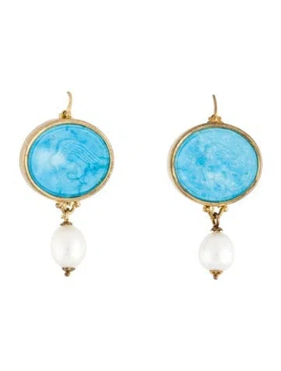 Pre-owned Tagliamonte Pearl & Magnesite Venetian Cameo Drop Earrings In Multi
