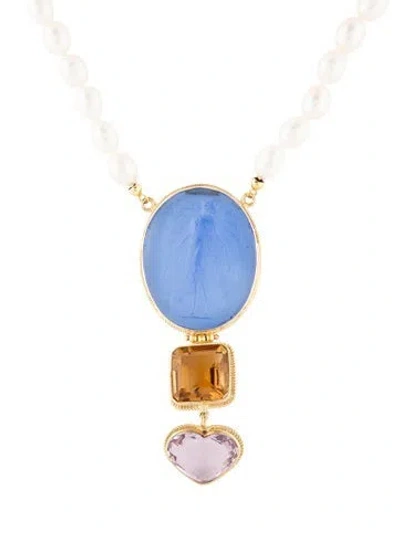 Pre-owned Tagliamonte Pearl & Multistone Venetian Cameo Pendant Necklace, 19.5" In Blue