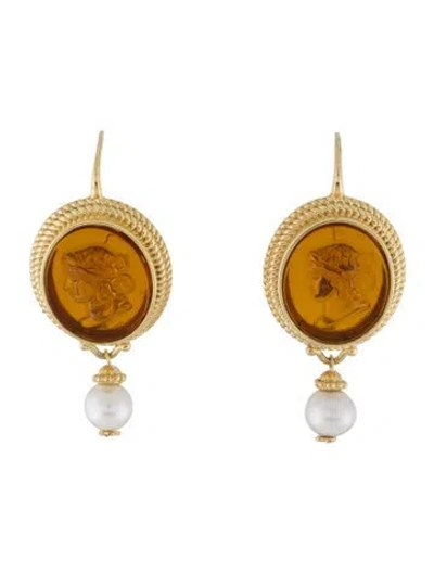 Pre-owned Tagliamonte Pearl & Venetian Cameo Drop Earrings In Multi