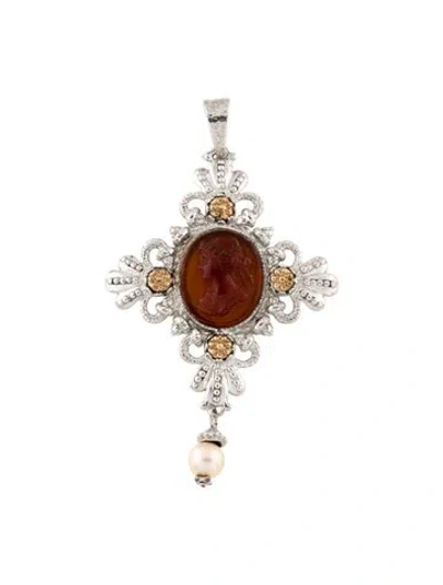 Pre-owned Tagliamonte Pearl & Venetian Cameo Pendant, 3.25" In Multi