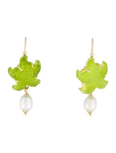 Pre-owned Tagliamonte Pearl & Venetian Glass Starfish Cameo Drop Earrings In Green