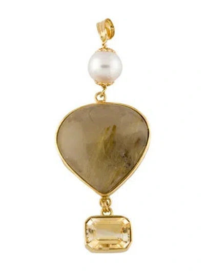 Pre-owned Tagliamonte Pearl, Citrine & Rutilated Quartz Pendant, 3.25" In Multi