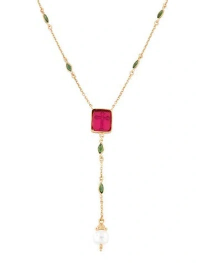 Pre-owned Tagliamonte Pearl, Crystal & Venetian Cross Intaglio Cameo Necklace, 16.75" In Multi