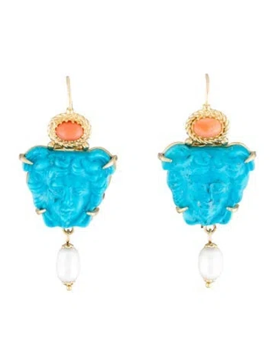Pre-owned Tagliamonte Pearl, Dyed Magnesite & Coral Medusa Drop Earrings In Multi