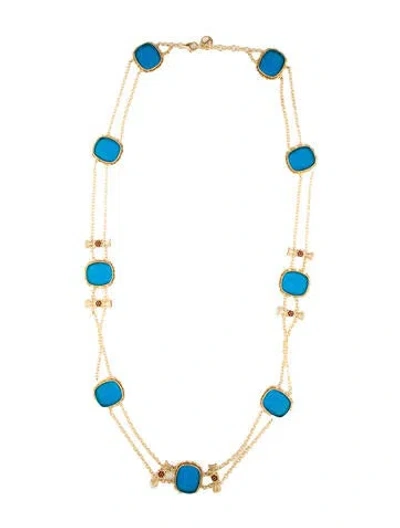 Pre-owned Tagliamonte Pearl, Garnet & Venetian Glass Cameo Station Necklace, 32.75" In Blue