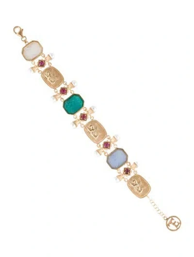 Pre-owned Tagliamonte Pearl, Glass & Glass Filled Ruby Bee Cameo Link Bracelet, 7.5" In Multi
