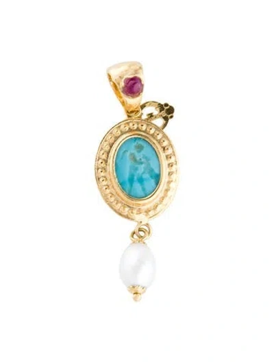Pre-owned Tagliamonte Pearl, Glass-filled Ruby & Turquoise Pendant, 1.75" In Multi