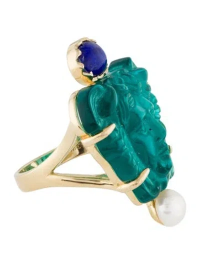 Pre-owned Tagliamonte Pearl, Lapis Lazuli & Glass Venetian Cameo Cocktail Ring In Blue