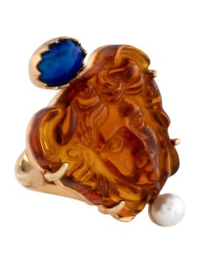 Pre-owned Tagliamonte Pearl, Lapis Lazuli & Medusa Venetian Glass Cameo Ring In Brown