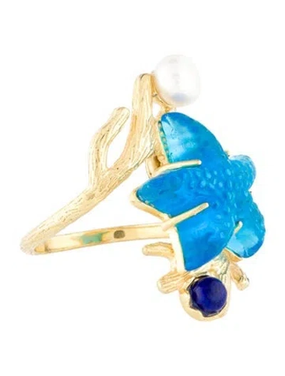 Pre-owned Tagliamonte Pearl, Lapis Lazuli & Venetian Glass Cocktail Ring In Blue