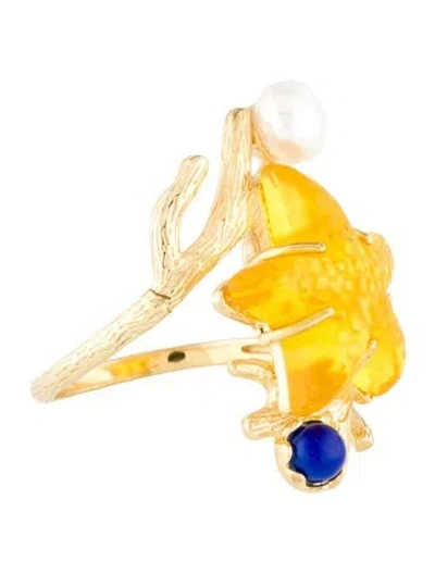 Pre-owned Tagliamonte Pearl, Lapis Lazuli And Venetian Glass Cocktail Ring In Yellow