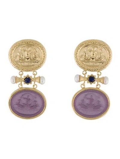 Pre-owned Tagliamonte Pearl, Lapis Lazuli & Venetian Neptune Cameo Drop Earrings In Multi