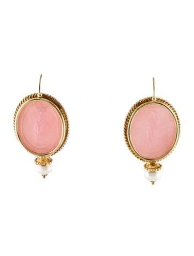 Pre-owned Tagliamonte Pearl, Mother Of Pearl, & Glass Cameo Drop Earrings In Pink