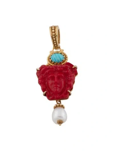 Pre-owned Tagliamonte Pearl, Turquoise, & Venetian Glass Medusa Enhancer Pendant, 2.5" In Red