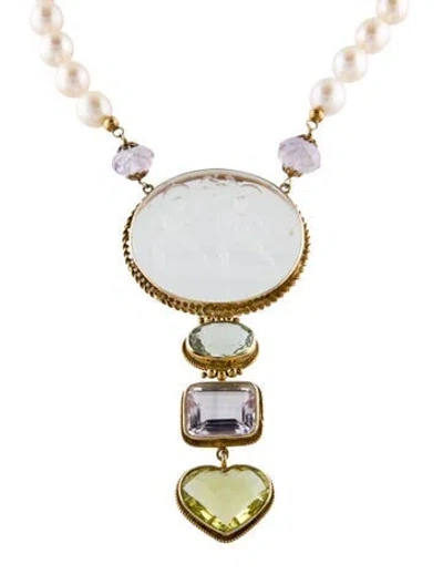 Pre-owned Tagliamonte Pearl, Venetian Intaglio & Multistone Lavalier Necklace, 20" In Transparent